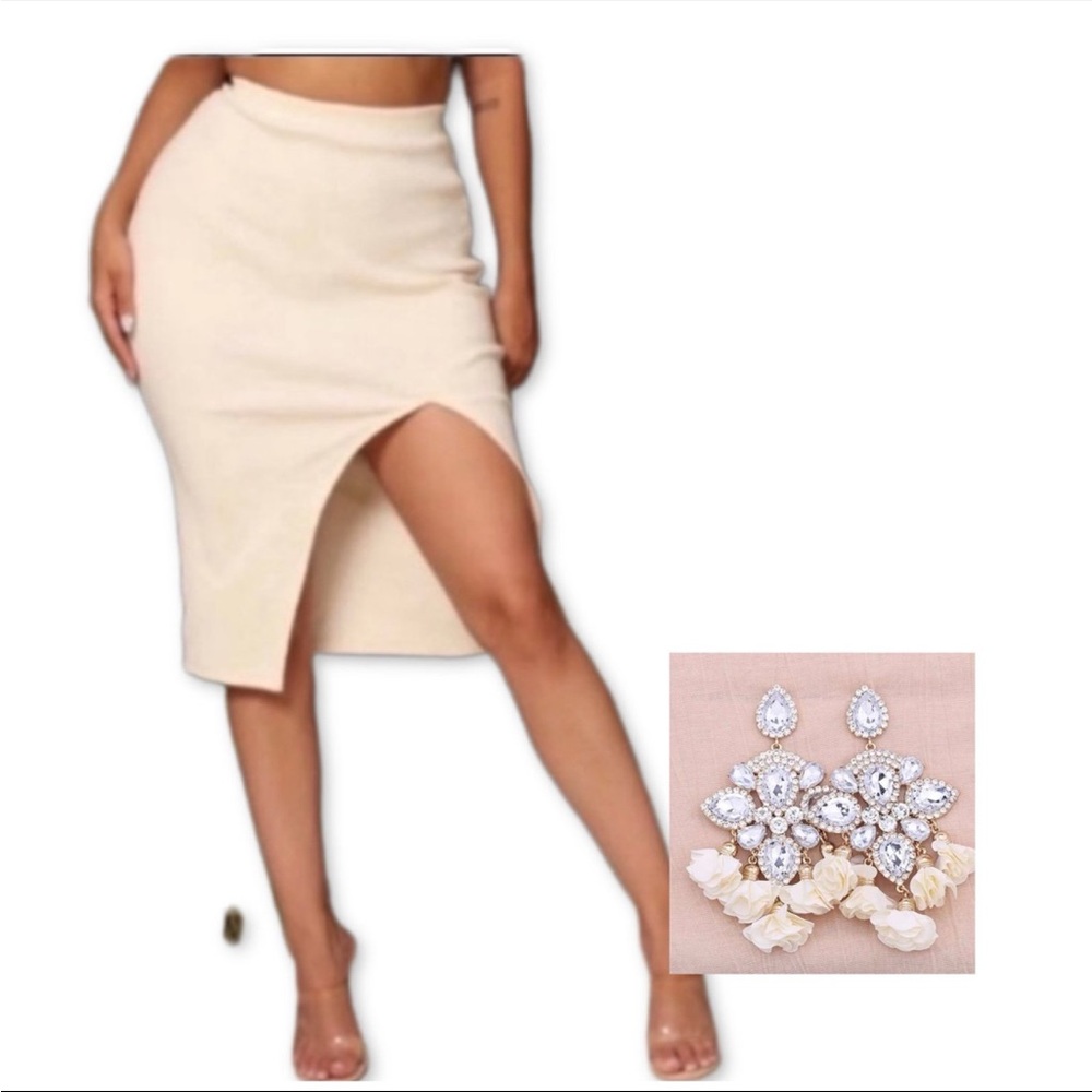 Elegant Cream body con Skirt & Rhinestone floral Earrings Bundle
